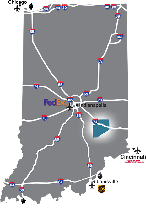 Map of Indiana depicting interstates, major airports and shipping hubs.